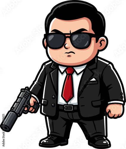 Pixel art cartoon man in black suit and sunglasses holding a silenced pistol, serious expression, security guard, spy, secret agent concept