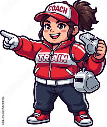 Pixel art coach woman in red jacket and cap pointing forward with whistle, energetic and motivational, good for sports and team concepts