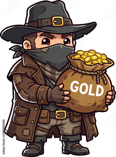 Pixel art cowboy bandit holding a full sack of gold coins, outlaw with mask and hat, adventure theme, wealth and riches