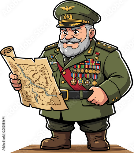 Pixel art general studying a vintage map, full of medals, strategic planning, military operations, historical leadership