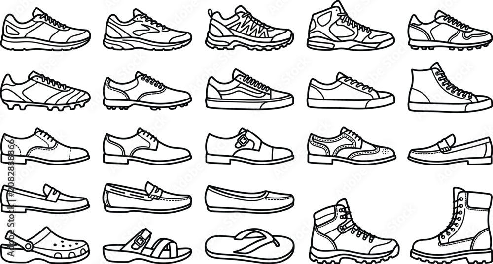 Εκτύπωση καμβά Footwear and Shoe Type Line Icon Set with Athletic Running Sneakers Soccer Cleat