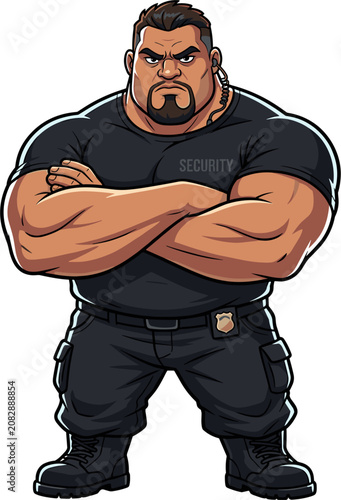 Pixel art muscular security guard with arms crossed, stern expression, wearing a black t-shirt with 'SECURITY' and utility pants, concept for protection and safety