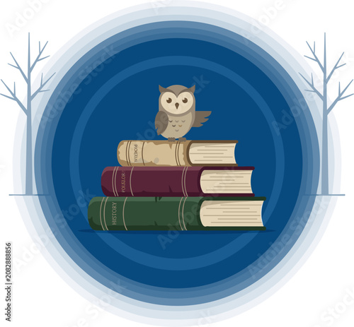 Pixel art owl perched atop a stack of vintage books, surrounded by bare trees and a deep blue circular gradient background, educational theme