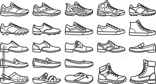Foto Footwear and Shoe Type Line Icon Set with Athletic Running Sneakers Soccer Cleat
