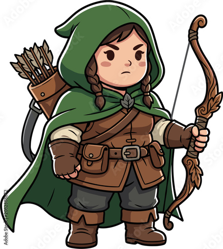 Pixel art ranger with bow and quiver, green hooded cloak, braided hair, leather pouches, fantasy character illustration