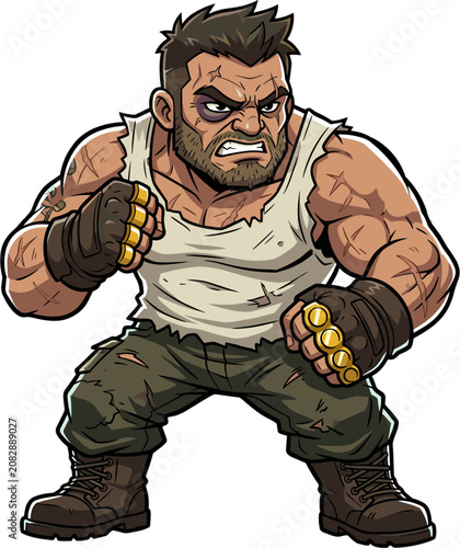 Pixel art tough fighter character with ripped tank top, brass knuckles, and bruised eye, ready for combat