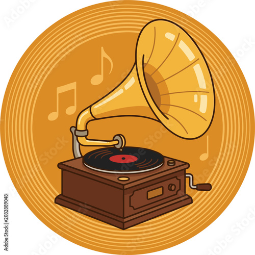 Retro gramophone playing music with surrounding musical notes, vintage audio, entertainment, melody, nostalgia
