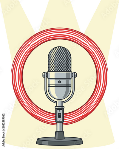 Retro microphone on stand under spotlight, broadcasting, podcasting, interview, performance, vintage audio equipment, sound recording, speech, announcement, digital art