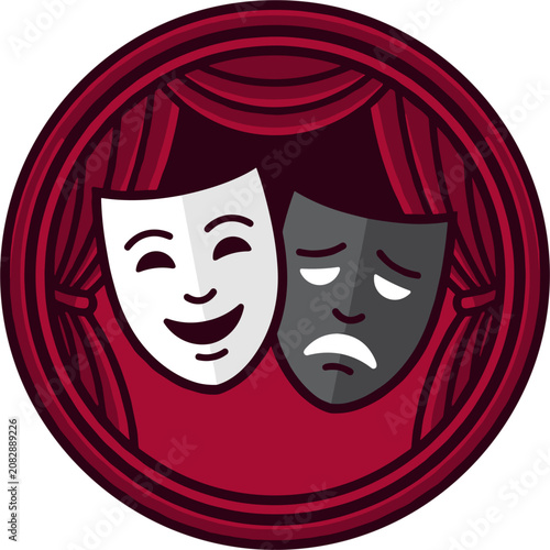 theatre masks comedy tragedy behind red curtains, drama and emotion, performance, entertainment symbol