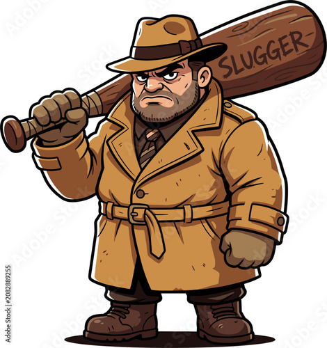 Trench coat detective with baseball bat, pixel art style, noir atmosphere, retro vibes, mobster character, investigation theme