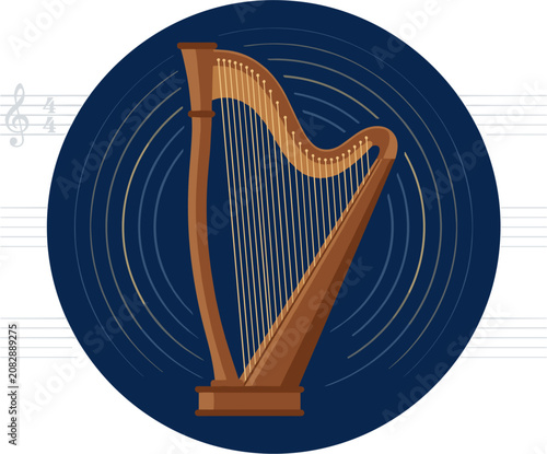Vector illustration of a harp, musical instrument with strings, set against a dark blue circular background with radiating musical notes and staff lines, evoking classical music and performance