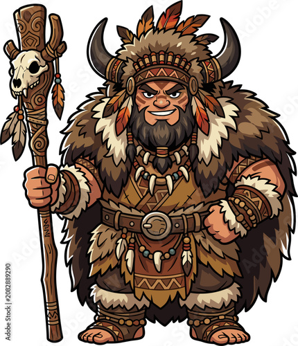 Tribal warrior chief with headdress and staff, fierce expression, brown and tan colors, pixel art style