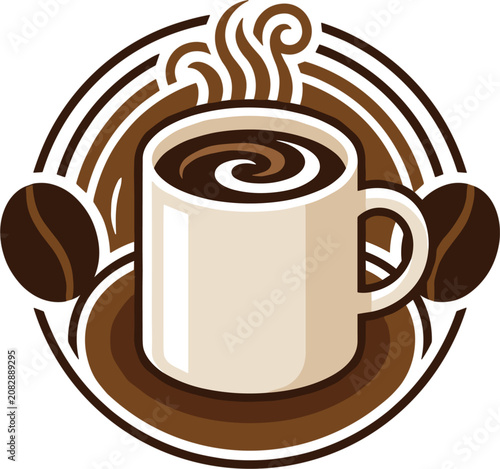 Vector logo of a coffee cup with steam, coffee beans, and swirling latte art, representing a cafe or coffee brand