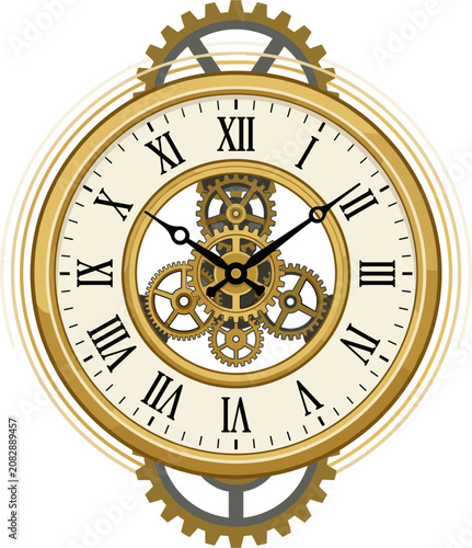 Vintage pocket watch mechanism with roman numerals and intricate gears, timekeeping symbol, steampunk aesthetic