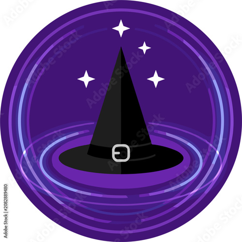 Witch hat centered in swirling magical portal with stars, fantasy graphic element
