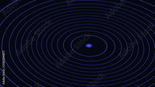 Obraz na plátně Abstract dark background with glowing blue concentric circles emanating from a c