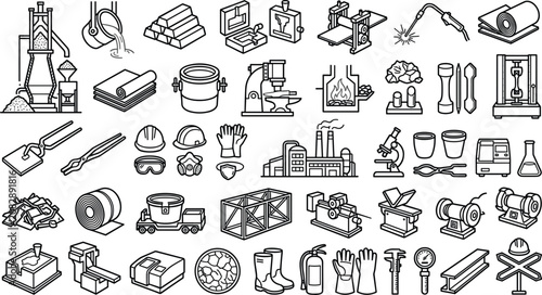 Foto Heavy Metallurgy and Steel Factory Line Icon Set with Metal Smelting Furnace Fou