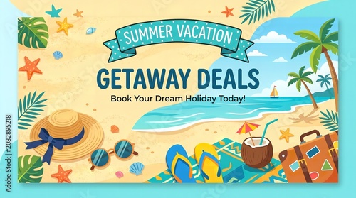 Summer Vacation Getaway Deals Advertisement with Tropical Beach Theme and Travel Accessories