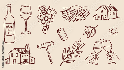 Cuadro en lienzo Italian wine country hand drawn doodle vector illustration with bottle glass gra