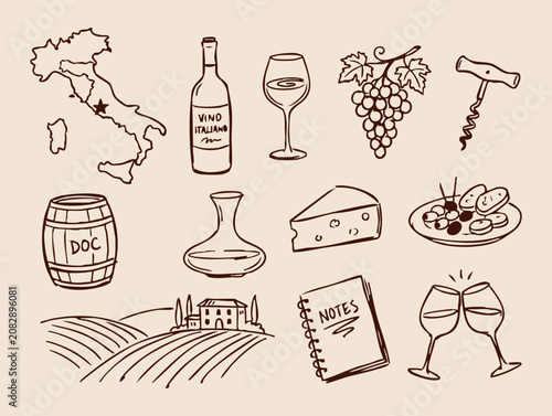 Fotografija Italian wine tasting hand drawn doodle vector illustration with map bottle grape