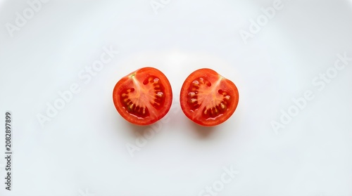 Top view of cherry tomatoes two whole and two cut on white background