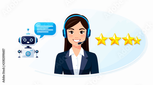 Customer Support Bot and Agent with 5 Star Rating - Modern Technology Concept