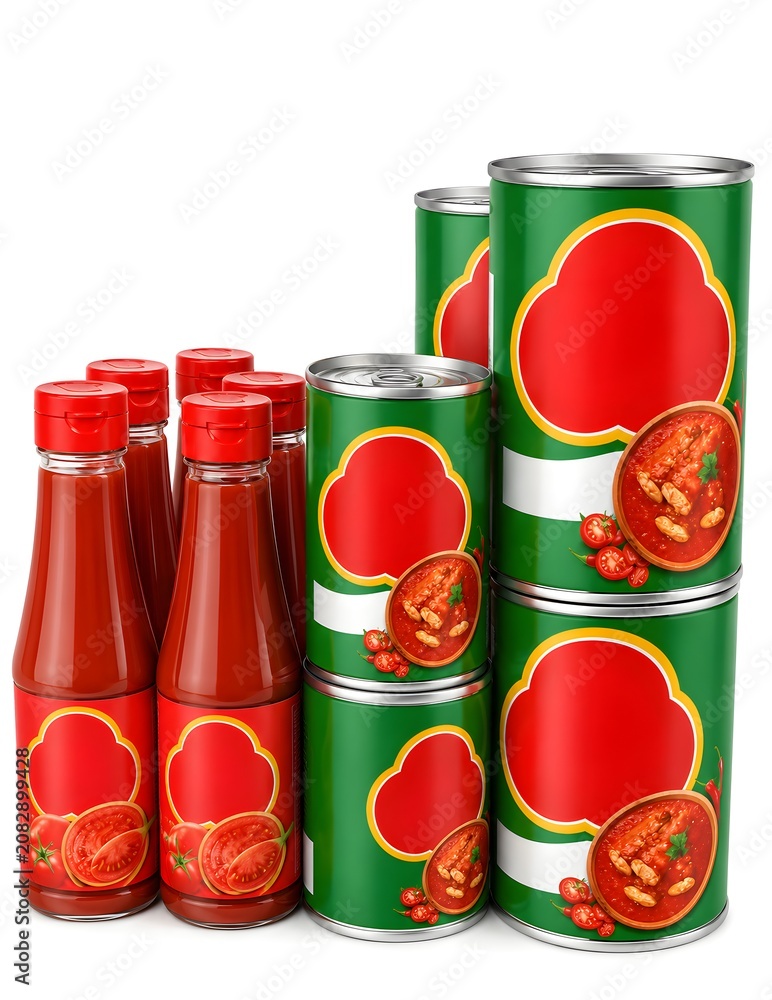 Fototapeta premium Assortment of tomato products red chili sauces with blank red mockup labels