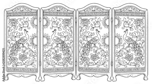Traditional Asian folding screen with peacocks and floral patterns line art