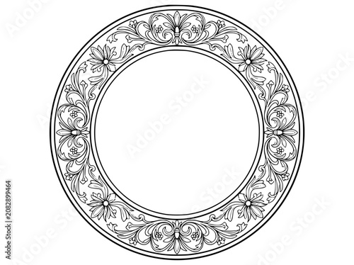 Vintage circular floral border filigree scrollwork frame illustration