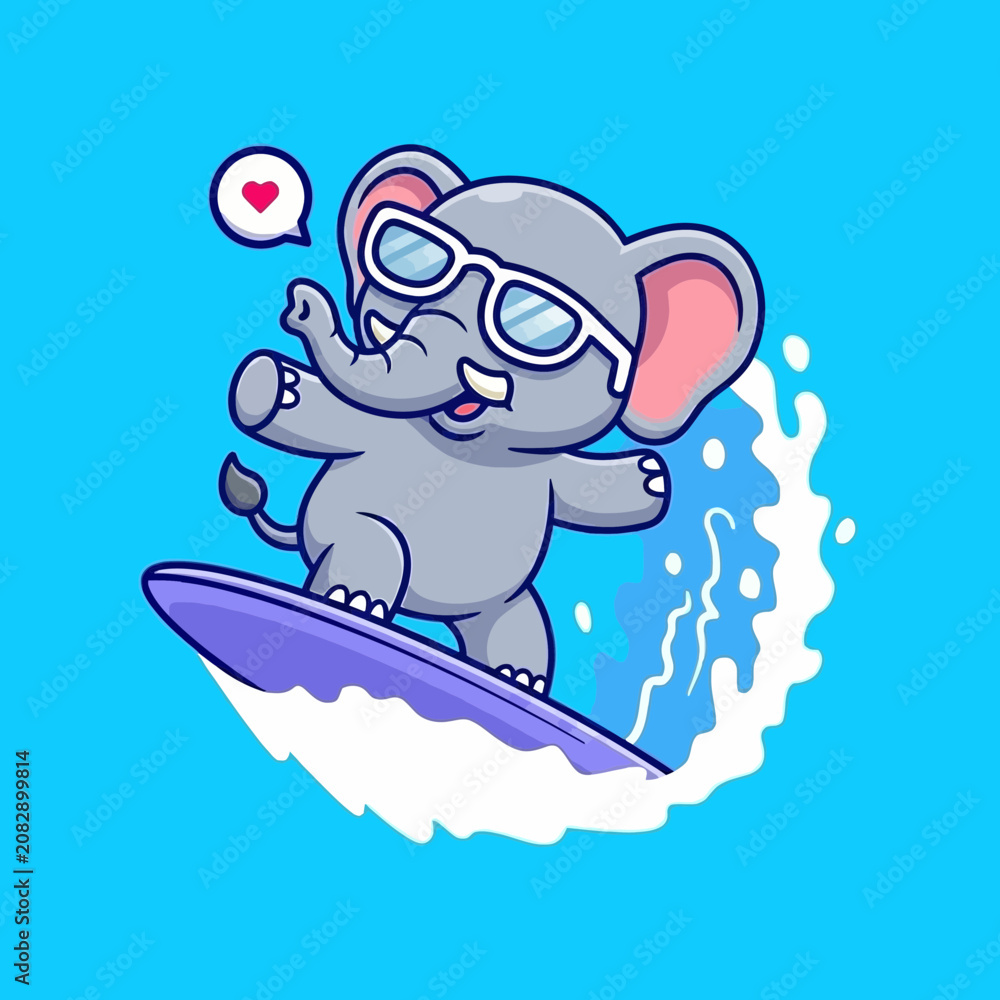 Obraz premium Cartoon elephant surfing on wave.