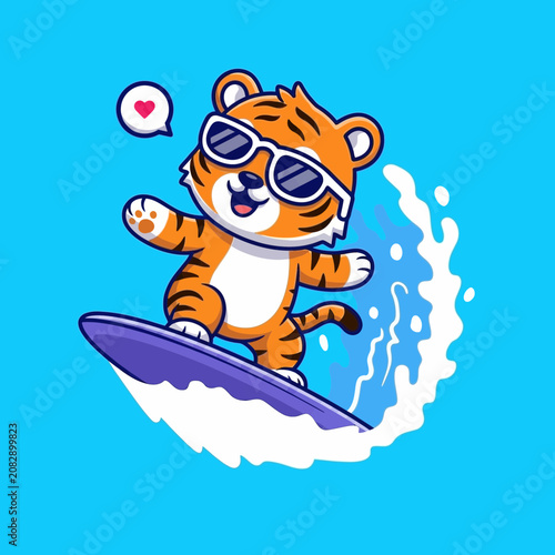 Canvas Print Cartoon tiger surfing with sunglasses.