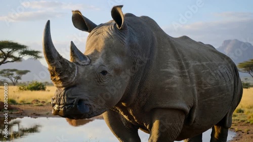 Large rhinoceros standing by a watering hole in the wild