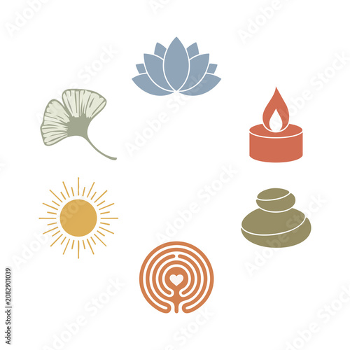 Peaceful Wellness Vector Illustration Template with Nature and Zen Symbols