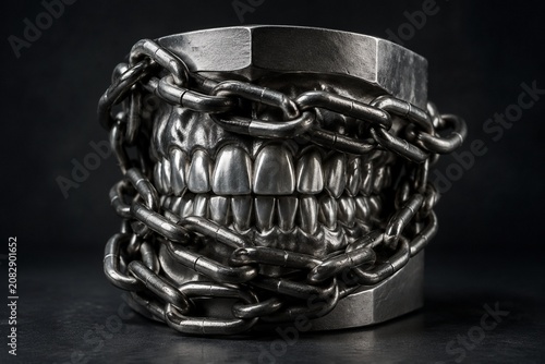 Bild auf Leinwand Metal dental model wrapped in heavy chains, symbolic representation of constrained movement on dark background