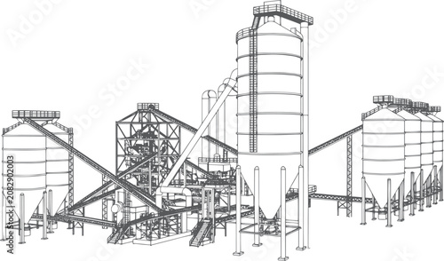 Fotografía Cement Manufacturing Plant Vector Black Line Art | Industrial Factory with Silos