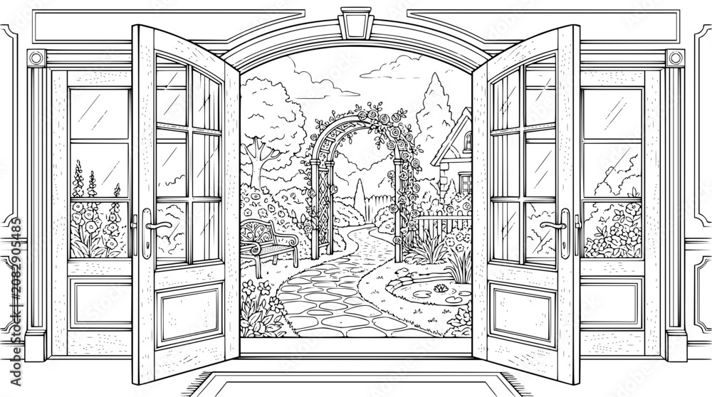 Fototapeta premium Coloring Page of Open French Doors Leading to a Beautiful Garden Path