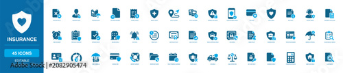 Foto Insurance Solid Icon Set with policy document, agent, medical shield, payment re