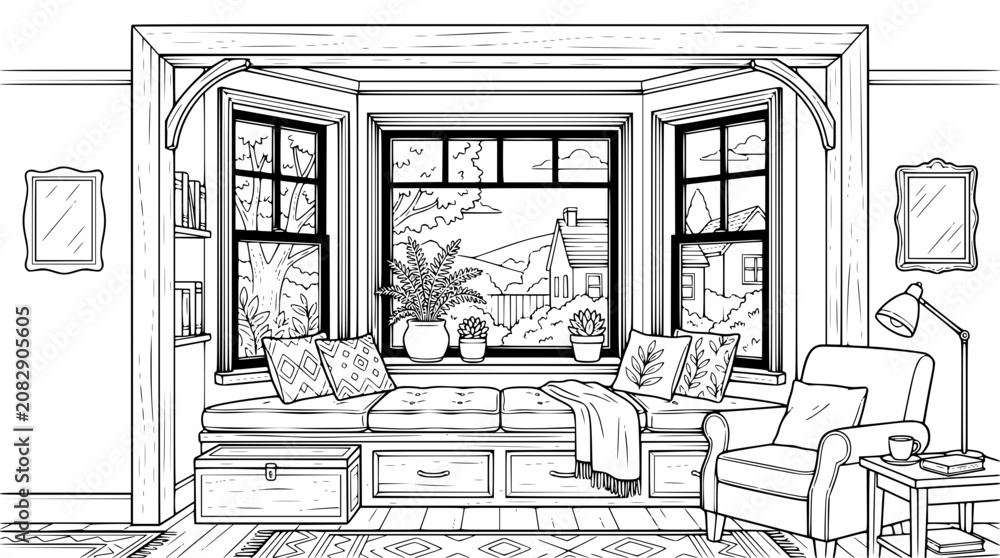 Fototapeta premium Cozy Reading Nook with Bay Window Seat and Plants Coloring Page