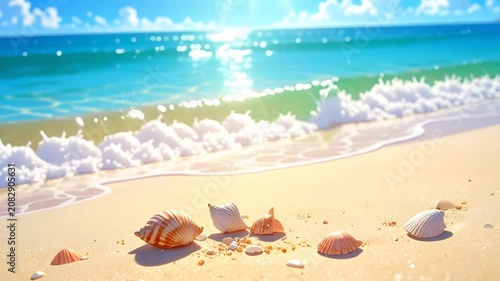Sunlit Tropical Beach with Gentle Ocean Waves, Anime Style