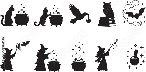 Halloween Witch Brewing Potion Black Silhouette Collection – Cauldron, Cat, Raven, Owl, Magic Spell Vector Set