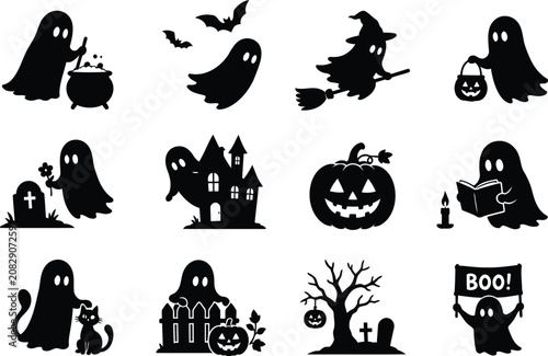 Halloween Ghost Black Silhouette Set – Haunted House, Witch, Pumpkin, Cauldron, Tombstone, Boo Sign Vector Collection