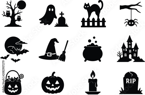 Halloween Black Silhouette Icon Set – Ghost, Pumpkin, Witch Hat, Haunted House, Cat, Skull, Cauldron, Candle, Graveyard Vector Collection
