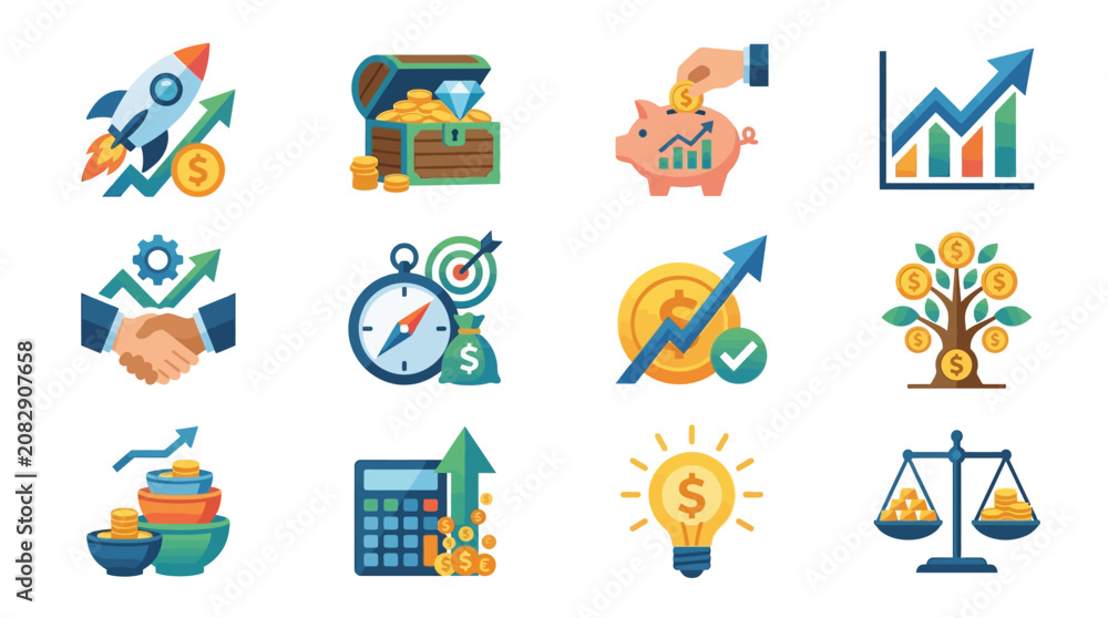 Fototapeta premium Creative Colorful Set of Financial Growth Investment and Business Success Icons with Money Symbols