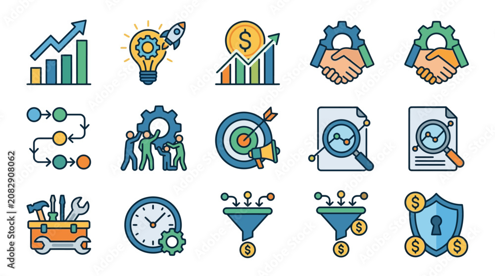 Fototapeta premium Sleek Colorful Business and Marketing Strategy Icons Set with Growth Charts Handshakes Tools and Security Shields