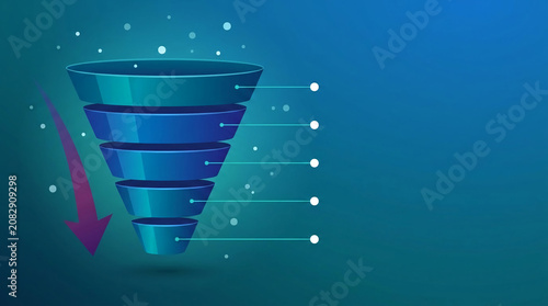 A 3D funnel diagram with descending stages and an arrow, representing a process or data flow, symbolizing business analysis and strategy, with free space for text.