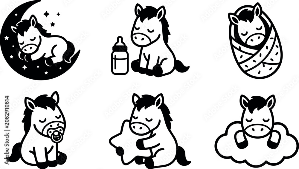 Fototapeta premium Black and white baby horse icons sleeping with moon star bottle pacifier and cloud