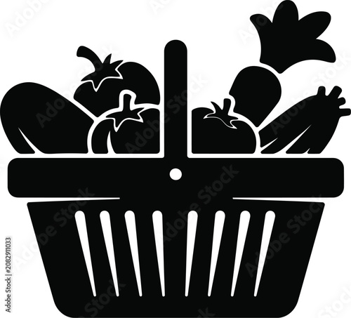 Minimalist vector icon of a shopping basket filled with fresh vegetables
