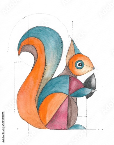Colorful Geometric Watercolor Squirrel With Blueprint Construction Lines On White Background, Hand Drawn Woodland Animal Illustration For Nursery Decor, Creative Education And Nature Design