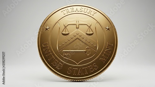 Gold coin with United States Treasury emblem and legal symbols