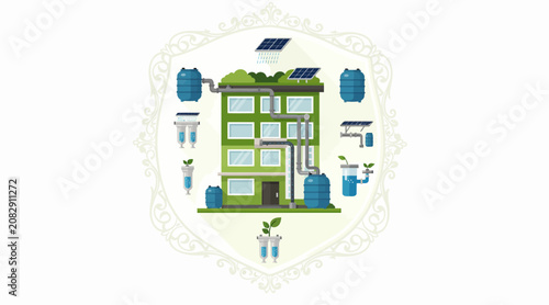 Eco-friendly building with solar panels and water recycling system illustration
